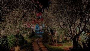 A pathway leading to a building with a staircase and a blue door. - Les Cypres Hotel Restaurant  (Moulay Abdallah)