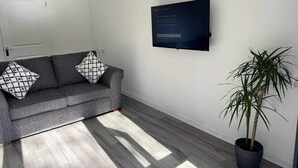 En moderne stue med en grå sofa, mønstrede puder, et fladskærms-tv og en potteplante.