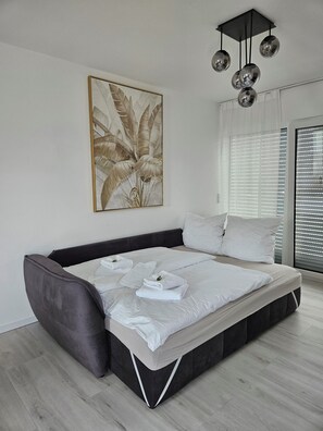 1 chambre, bureau, fer et planche à repasser, lit parapluie