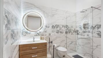 Shower, hair dryer, towels