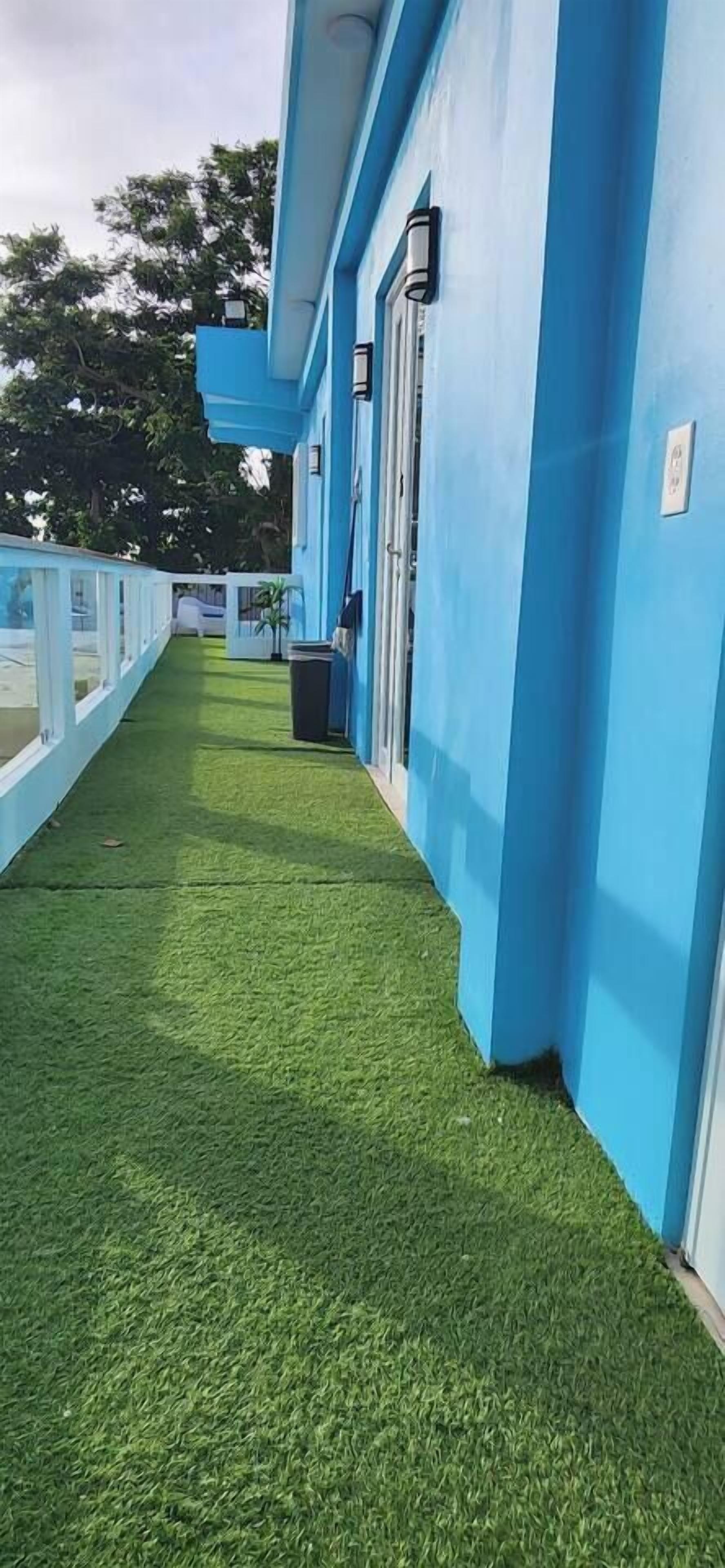 Een gebouw met een blauwe gevel en een groen kunstgrasveld.
