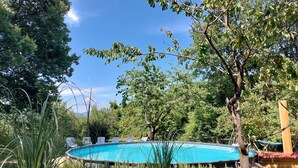 Une piscine entourée d’arbres et de verdure.