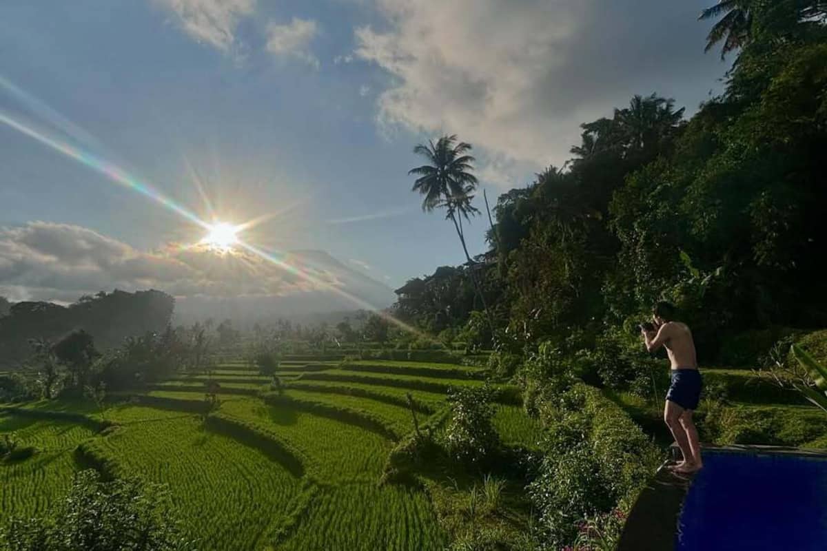 A person standing on a pool edge in a lush, green landscape with terraced fields and a palm tree in the background.