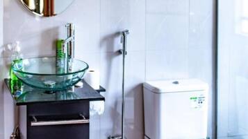 Douche, serviettes fournies, savon, papier toilette