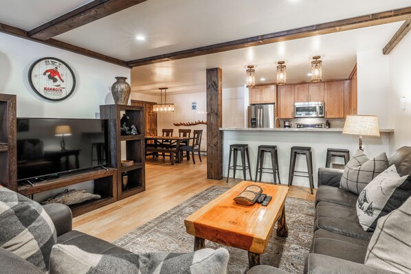 Smart TV, fireplace, books