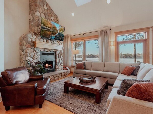 Smart TV, fireplace, books