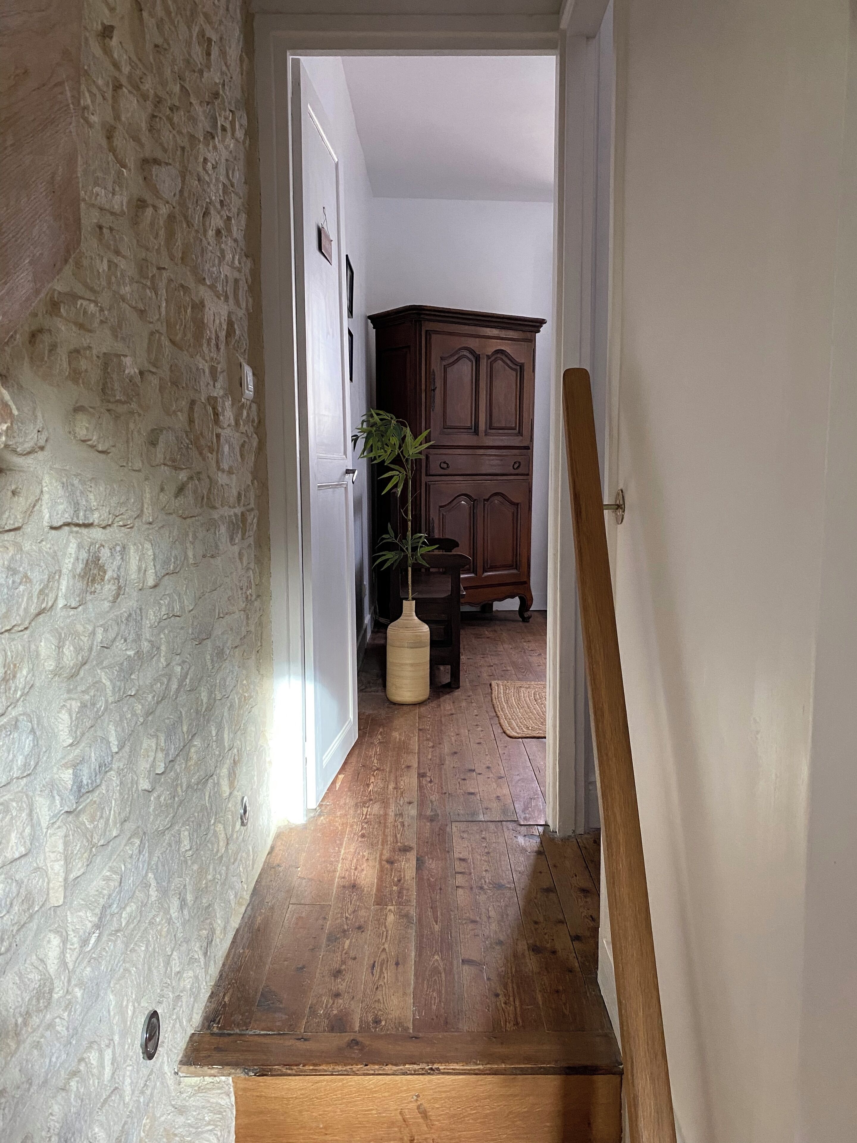 Un escalier en bois mène à une pièce dont un des murs est en pierre, qui contient également une armoire en bois et une plante.
