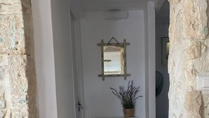 Un estrecho pasillo con una pared de piedra a un lado y una pared blanca al otro. Un espejo cuelga de la pared blanca, y una planta en maceta está colocada en un estante pequeño.