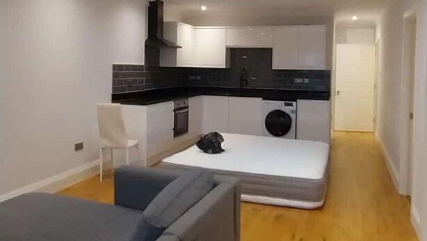 Un espace de vie compact comprenant un canapé gris, un petit coin cuisine et une lucarne.