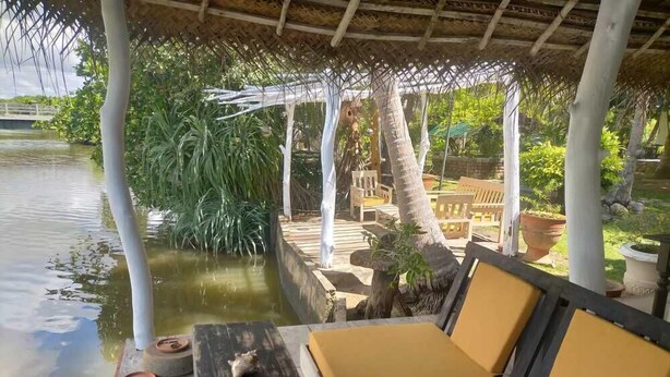 Un espace extérieur aménagé, abrité et doté de tables et de chaises, offrant une vue sur une étendue d’eau et une végétation luxuriante.