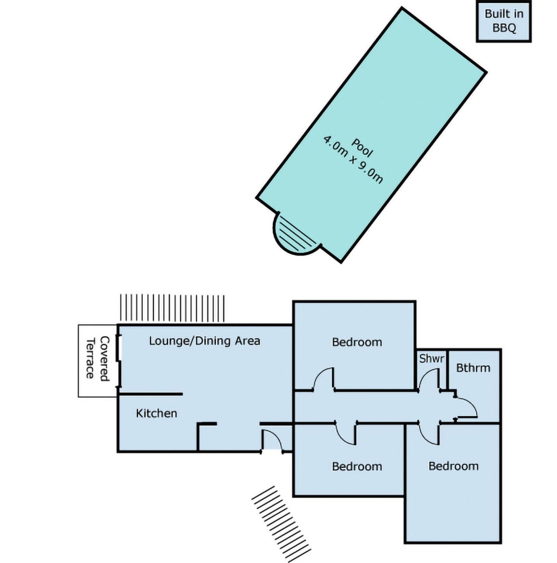 Un plan d’étage d’un hôtel comprenant une piscine, un salon/salle à manger, une cuisine et trois chambres.