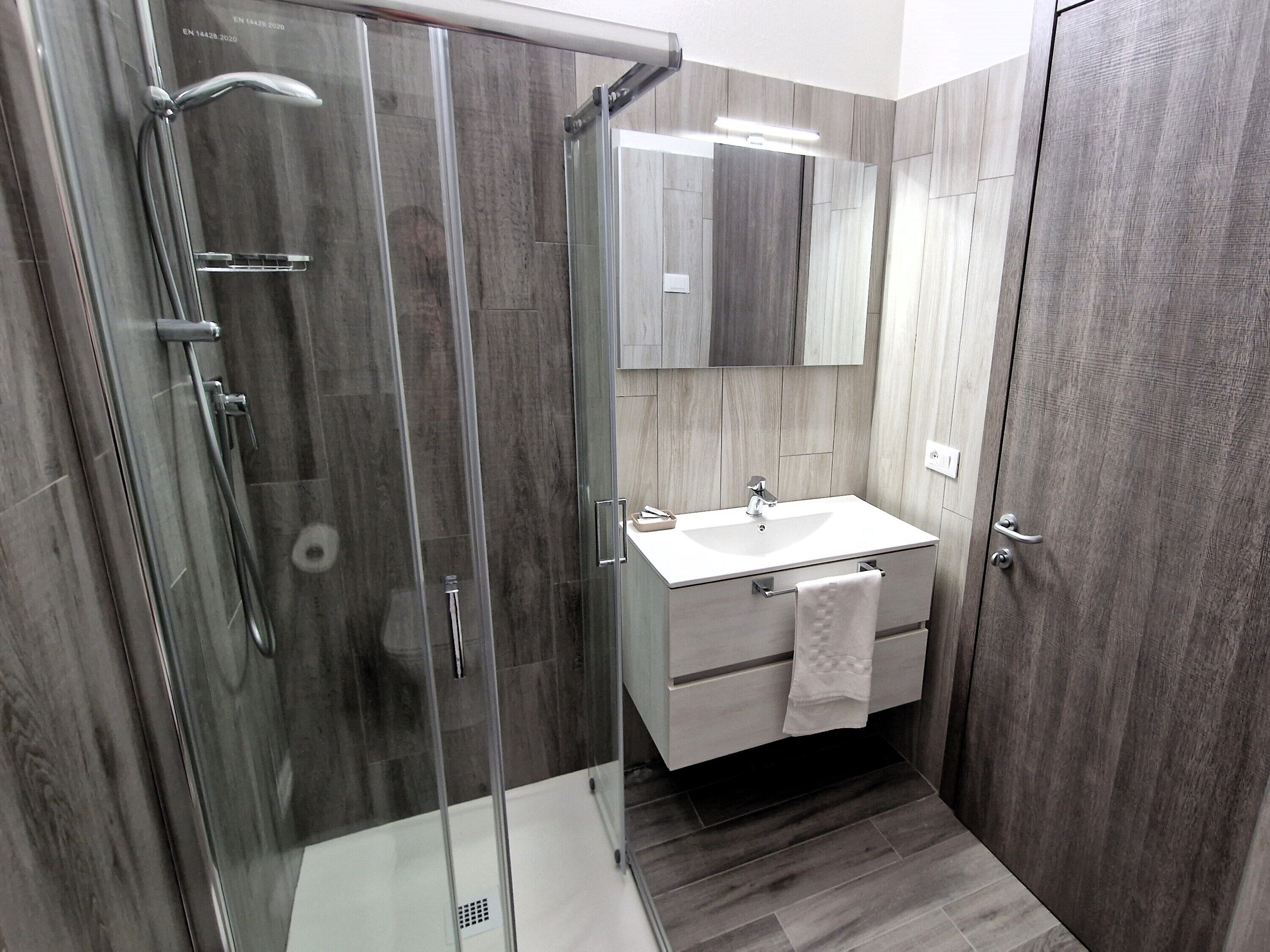 A modern bathroom with a glass-enclosed shower, a white sink, and a mirror above it.
