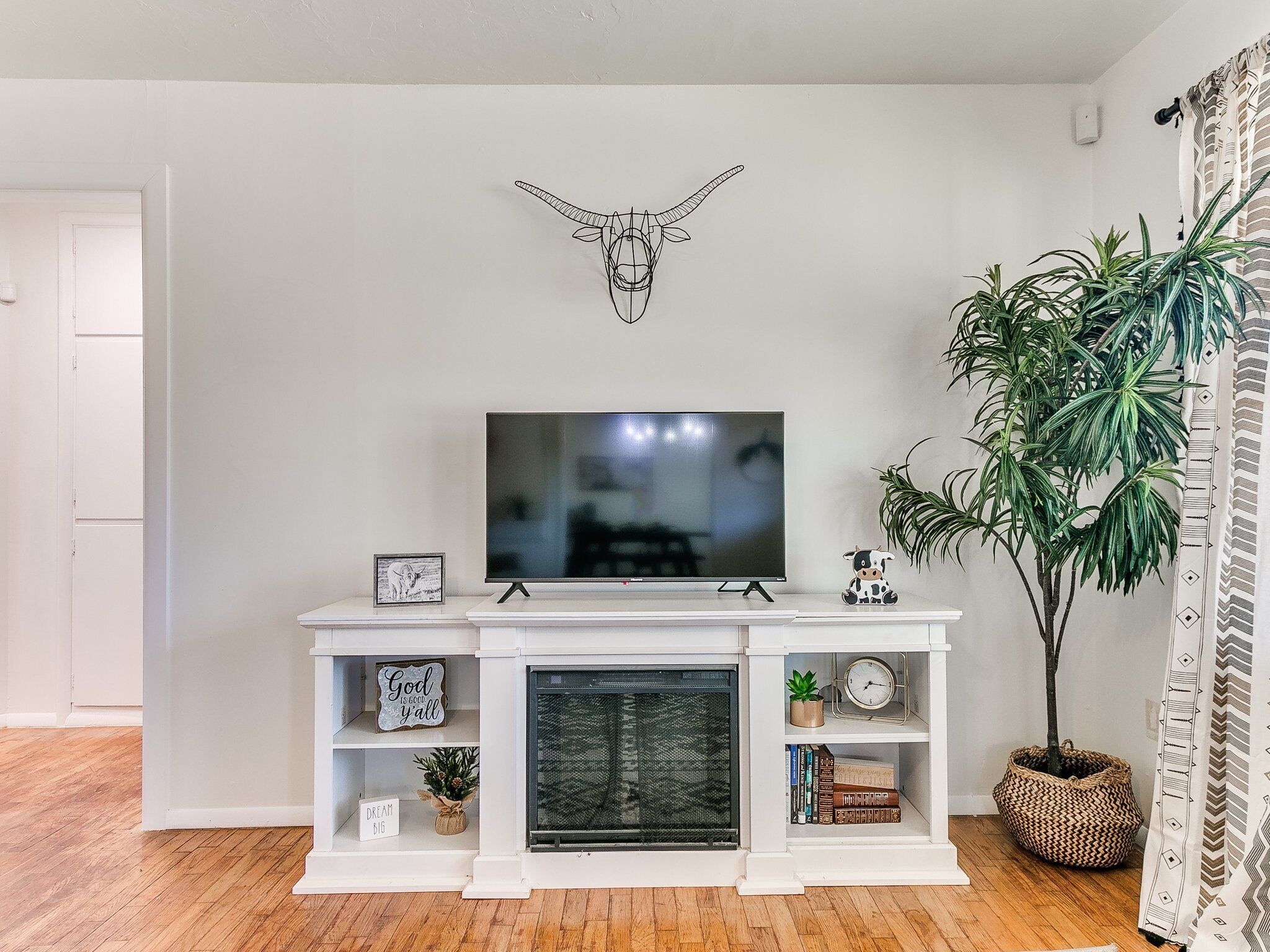A living room with a white entertainment unit, a flat-screen TV, a fireplace, and a large potted plant.