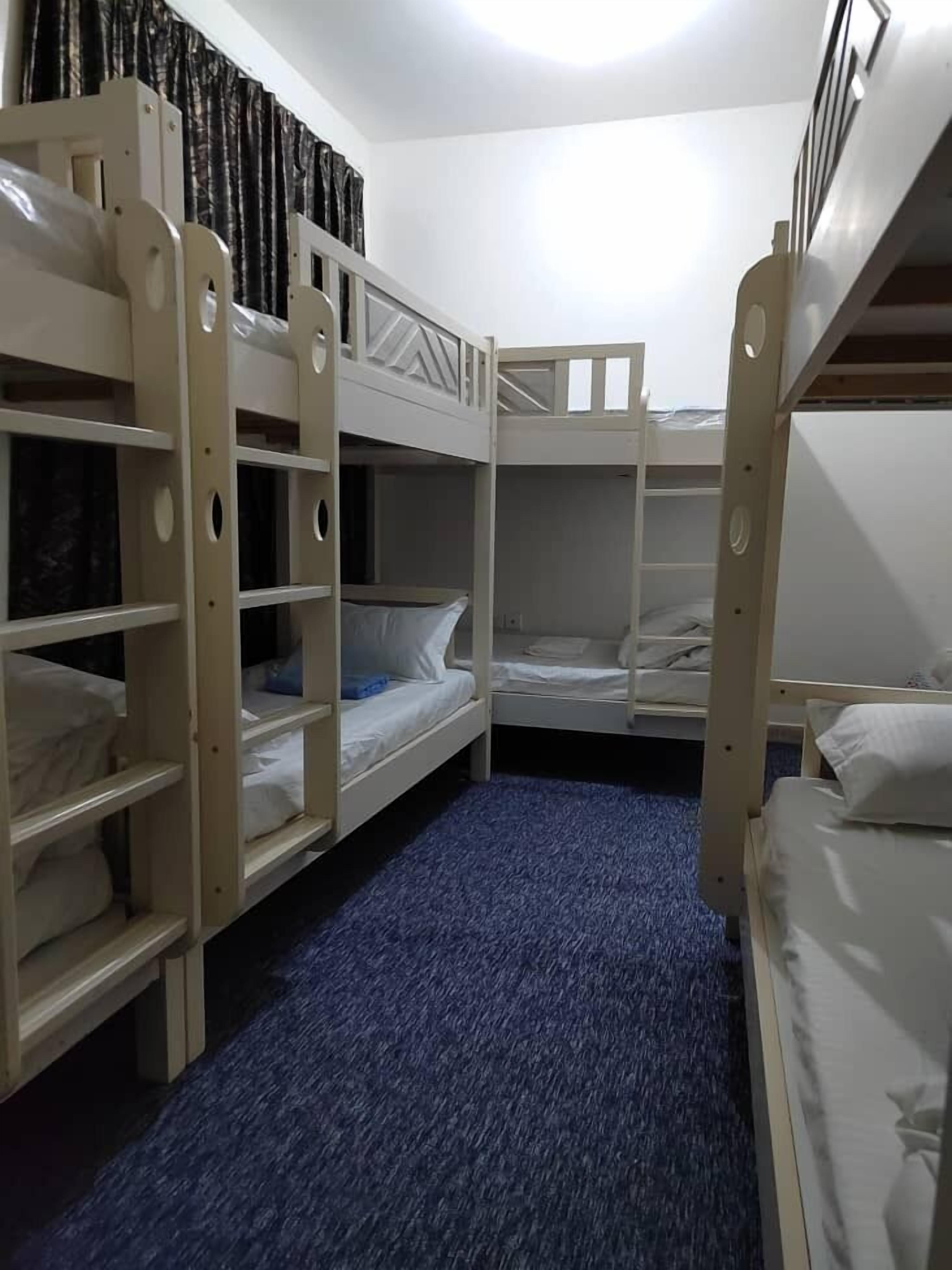 A room with bunk beds, a blue carpet, and a white wall.