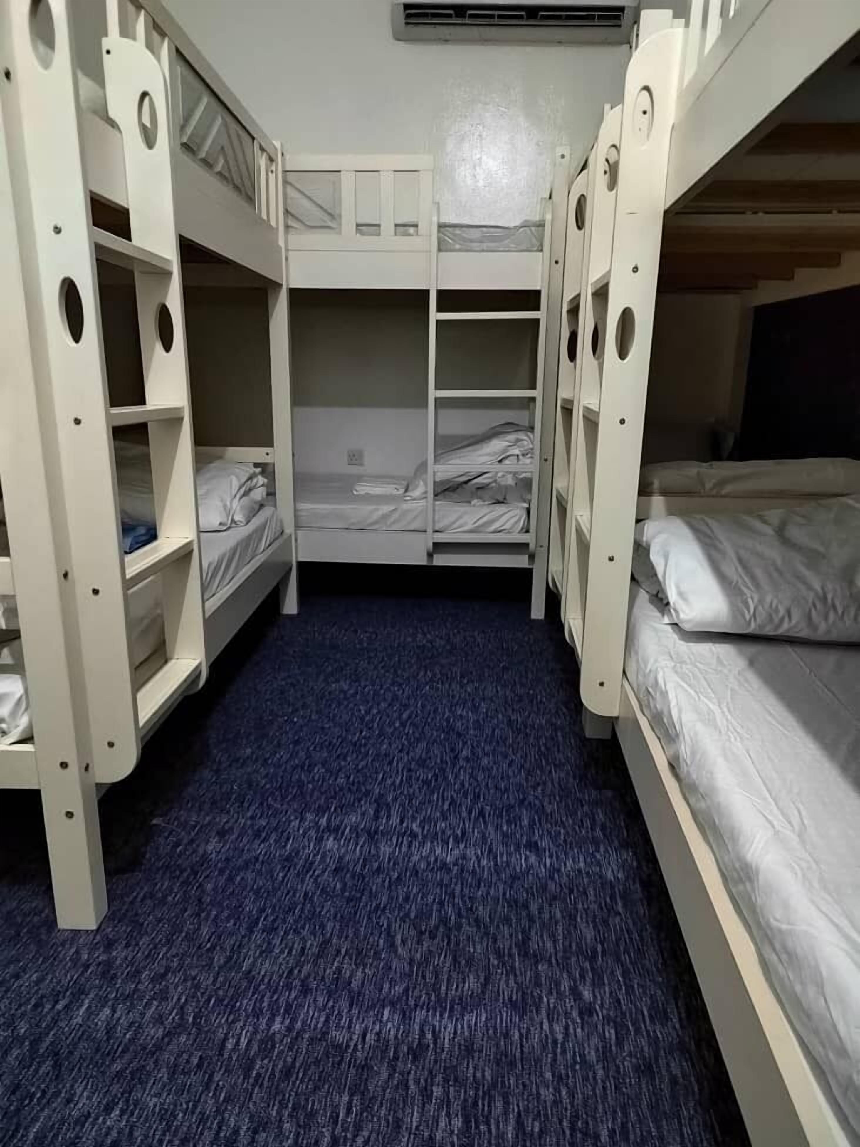 A bunk room with two bunk beds, a central shelf unit, and a carpeted floor.