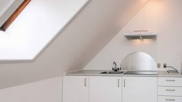 A modern kitchen with white cabinetry, a countertop, and a skylight.