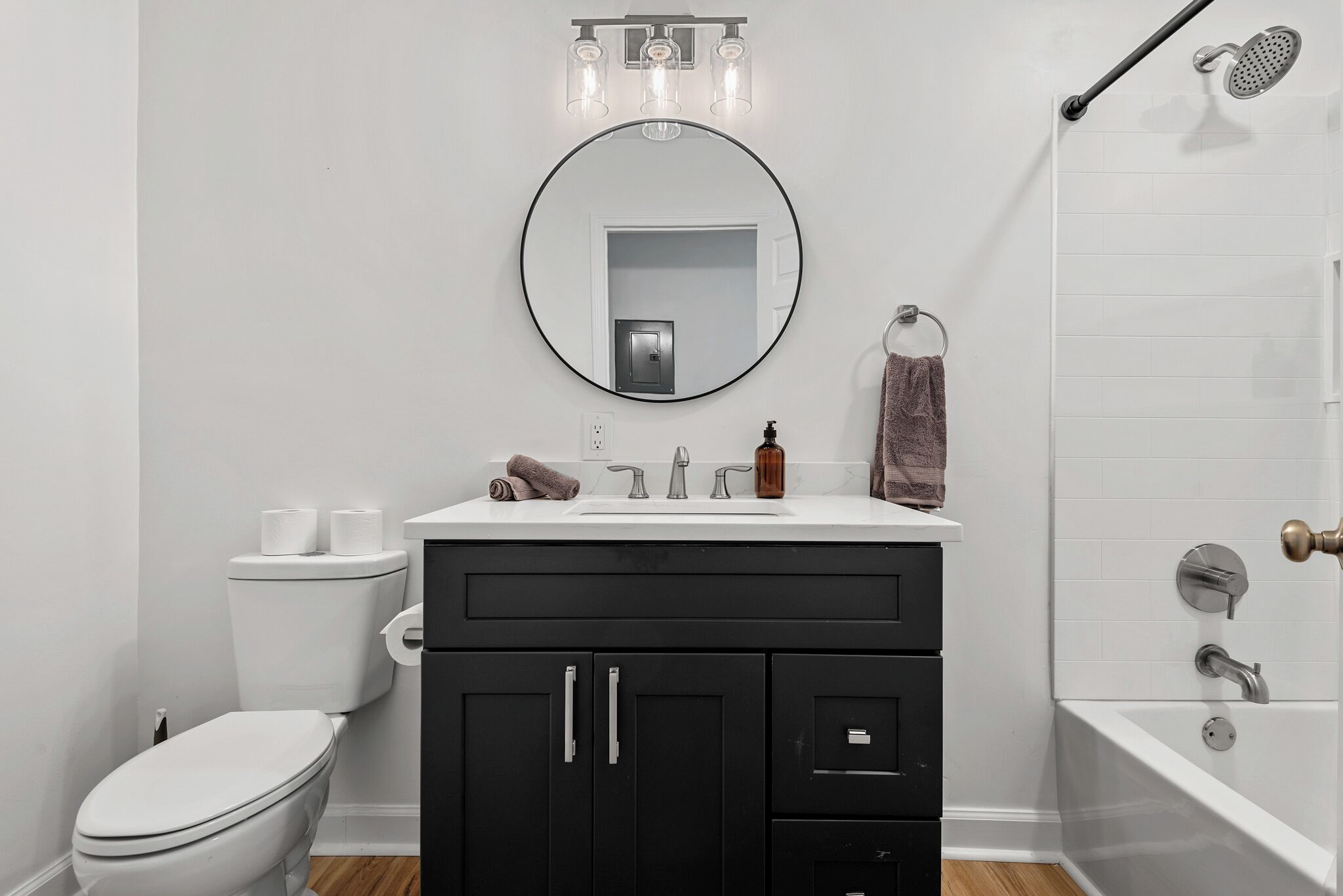 Shower, towels, soap, toilet paper