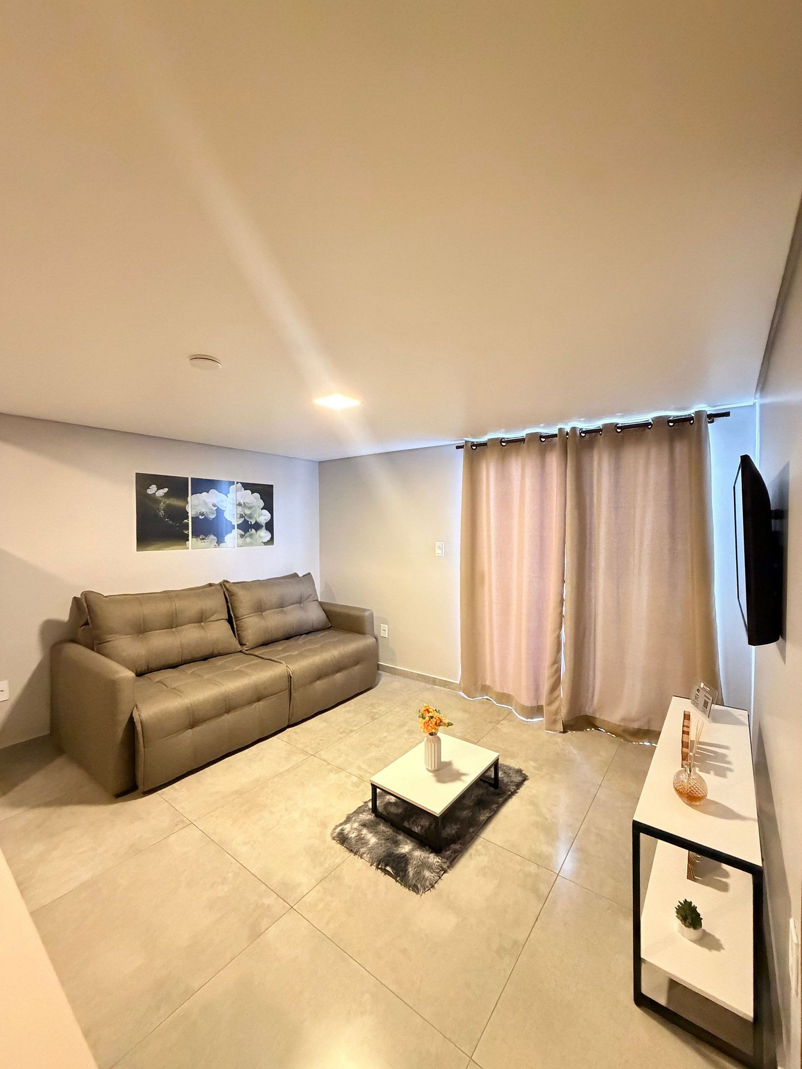 A living room with a sofa, a coffee table with a vase, a side table with a plant, and a flat-screen TV mounted on the wall.