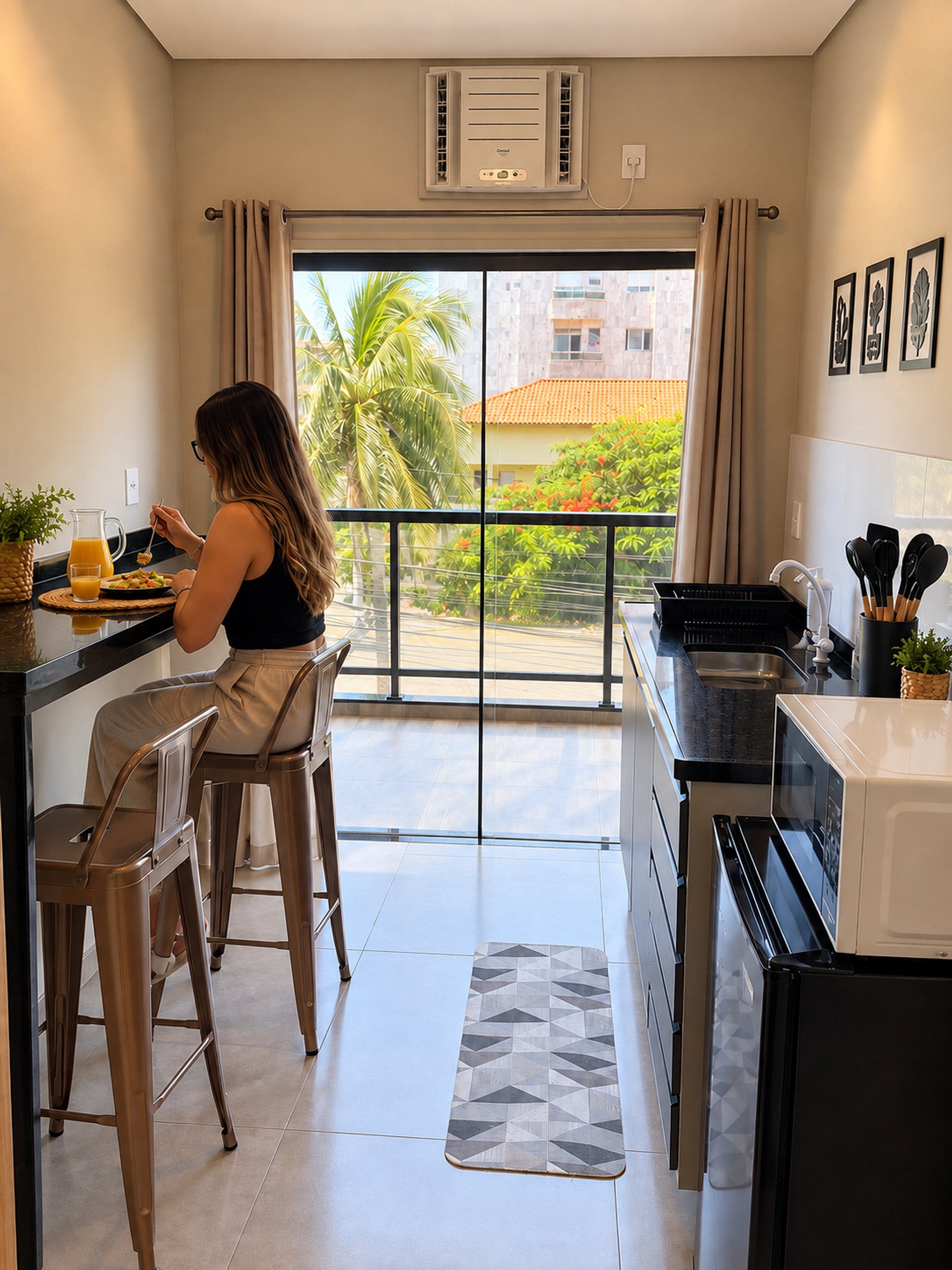 Una cocina moderna con un ventanal grande, un comedor con dos taburetes y un microondas.
