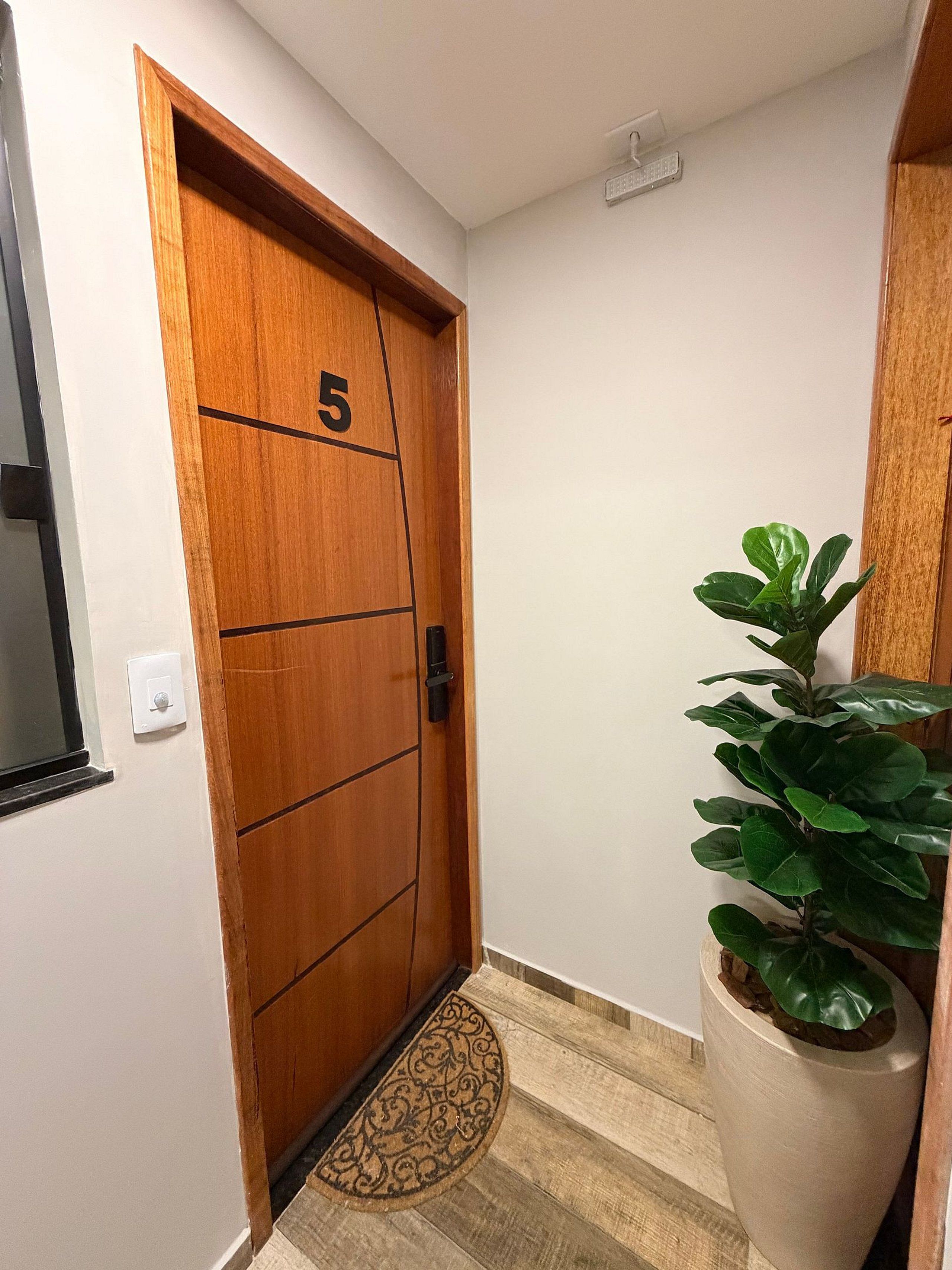 Une porte en bois portant le numéro 5, un pot de fleurs et un paillasson.