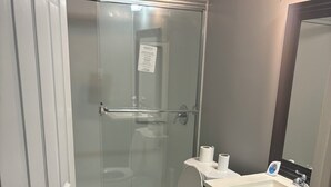 A bathroom with a glass shower enclosure, a toilet, a sink with a soap dispenser, and a mirror. - 1st fl 2-bedroom apartment with WiFi, AC in fantastic Philadelphia (Philadelphia)