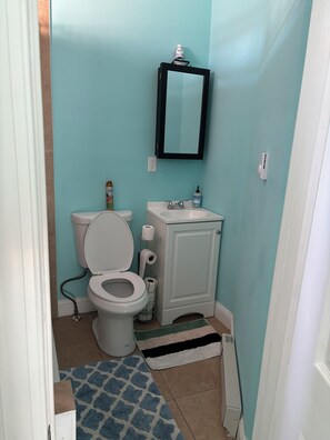 Hair dryer, towels, soap, toilet paper