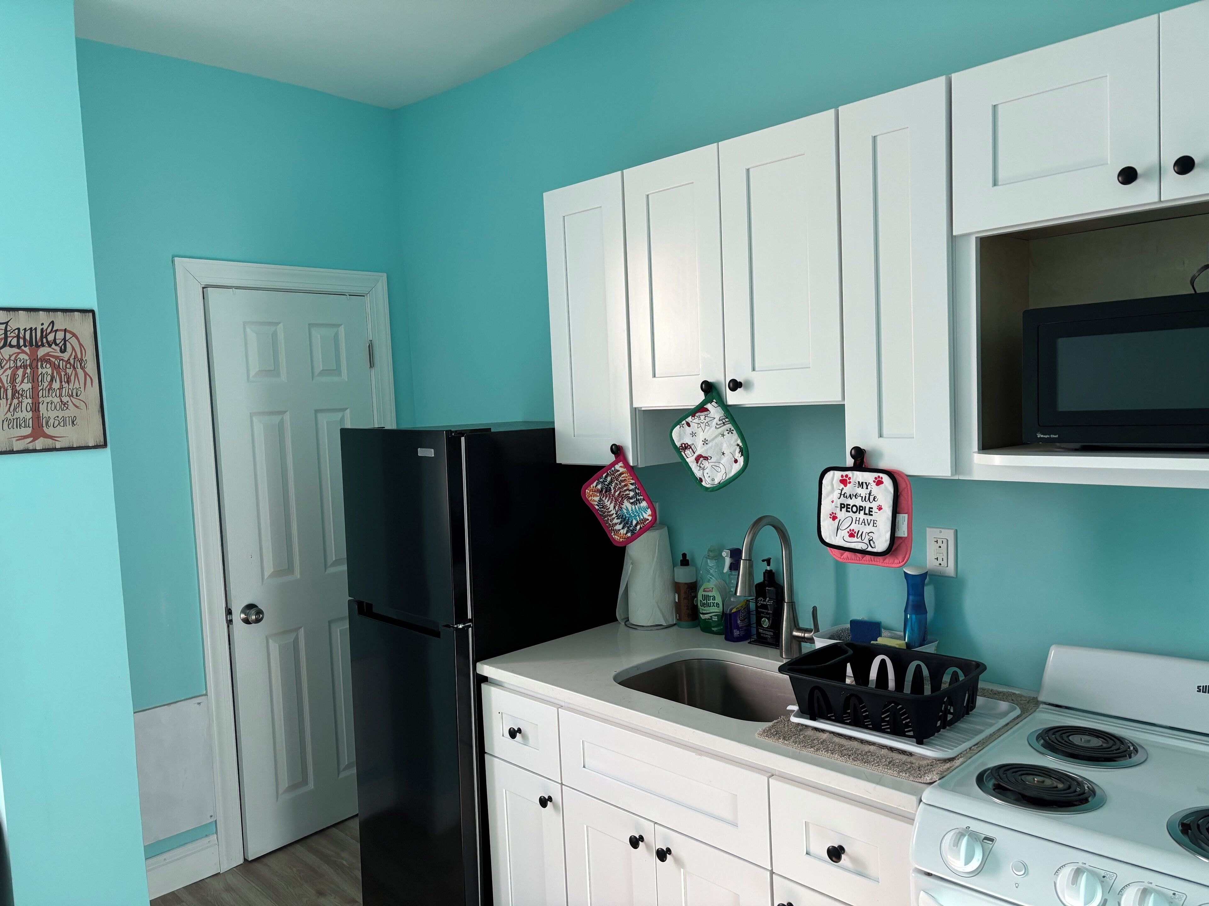 A kitchen with white cabinets, a black refrigerator, a stainless steel sink, and a stove.