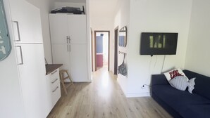 Un espace de vie compact comprenant un coin cuisine, un canapé et un téléviseur fixé au mur.