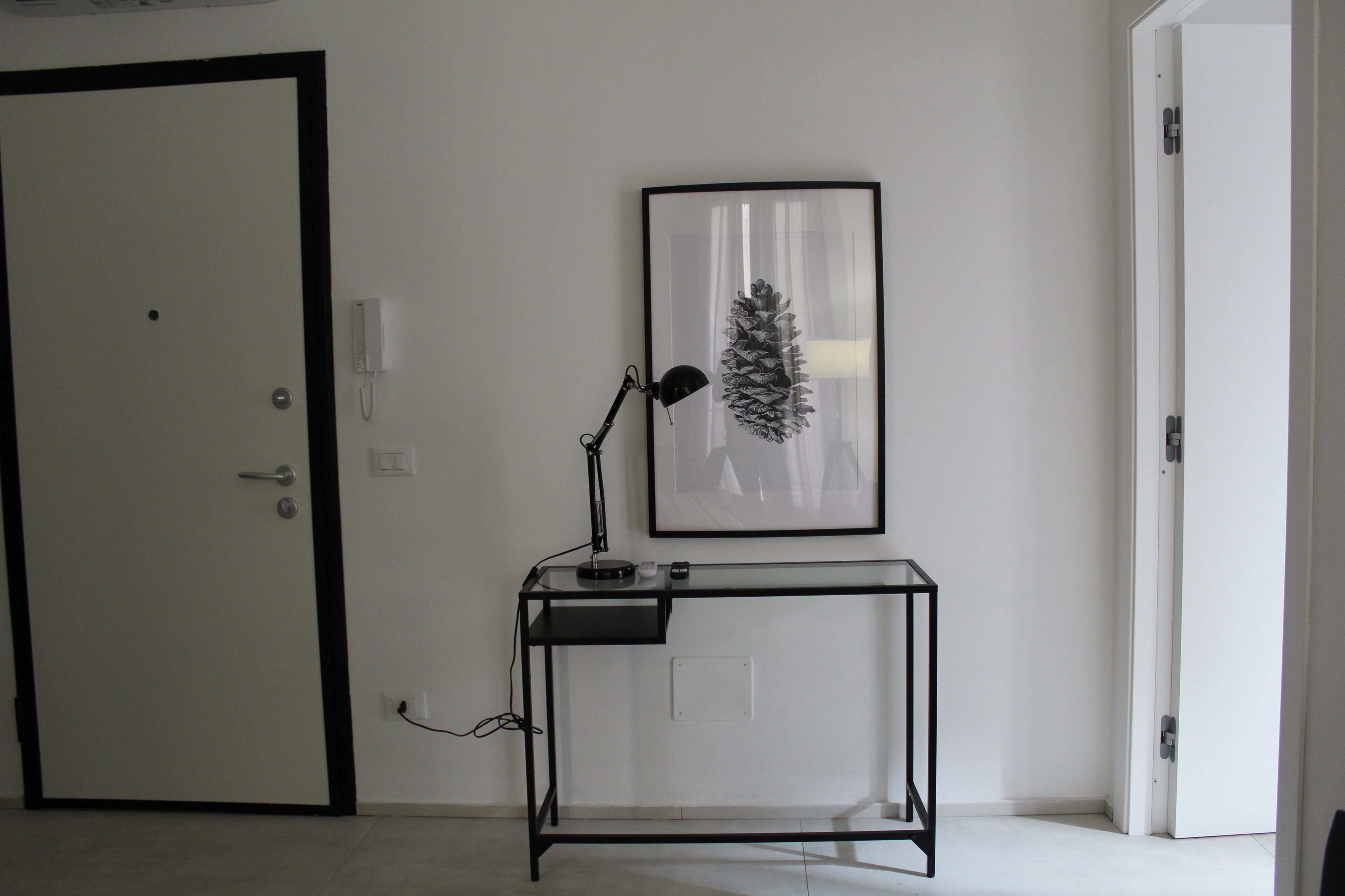 A room with a white door, a framed picture on the wall, a black desk with a lamp, and a power outlet.
