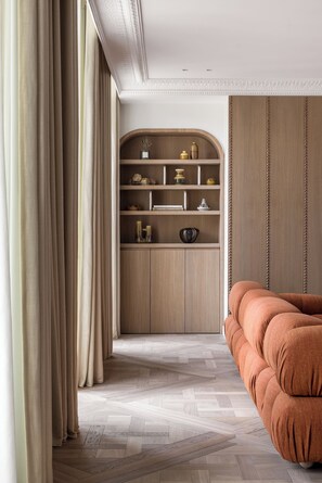 Luxury Apartment | Living area | 50-inch Smart TV with digital channels, fireplace, Netflix