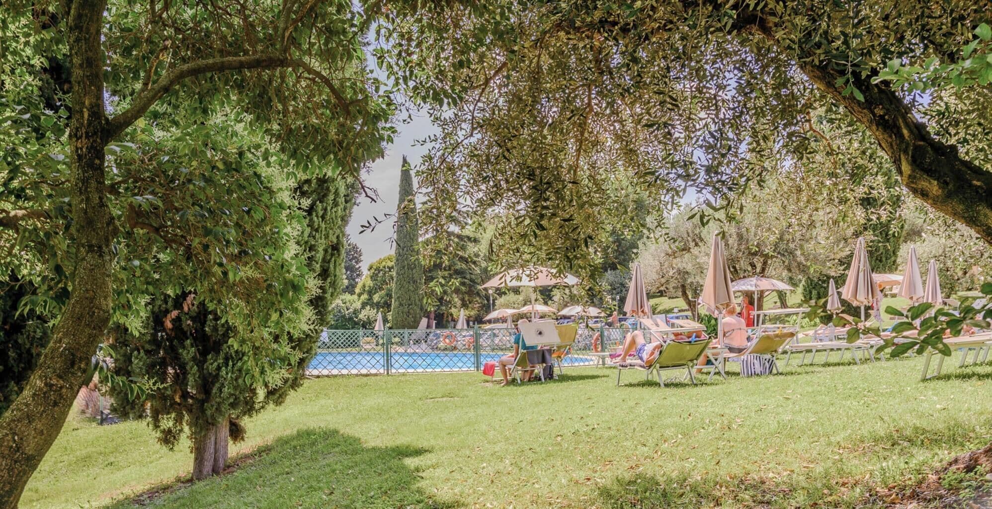 A park with grass, trees, and outdoor seating areas.