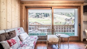 Una habitación acogedora con suelo de madera, un sofá con cojines estampados, una silla y un amplio ventanal con vistas a un paisaje montañoso.