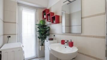 Shower, hair dryer, bidet, towels