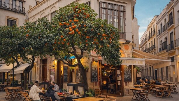 Un caffè all'aperto con tavoli e sedie, un albero di arance e un edificio con un bar chiamato 'ATANCHON BAR'.