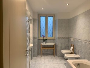 Een douche, een haardroger, een bidet, zeep
