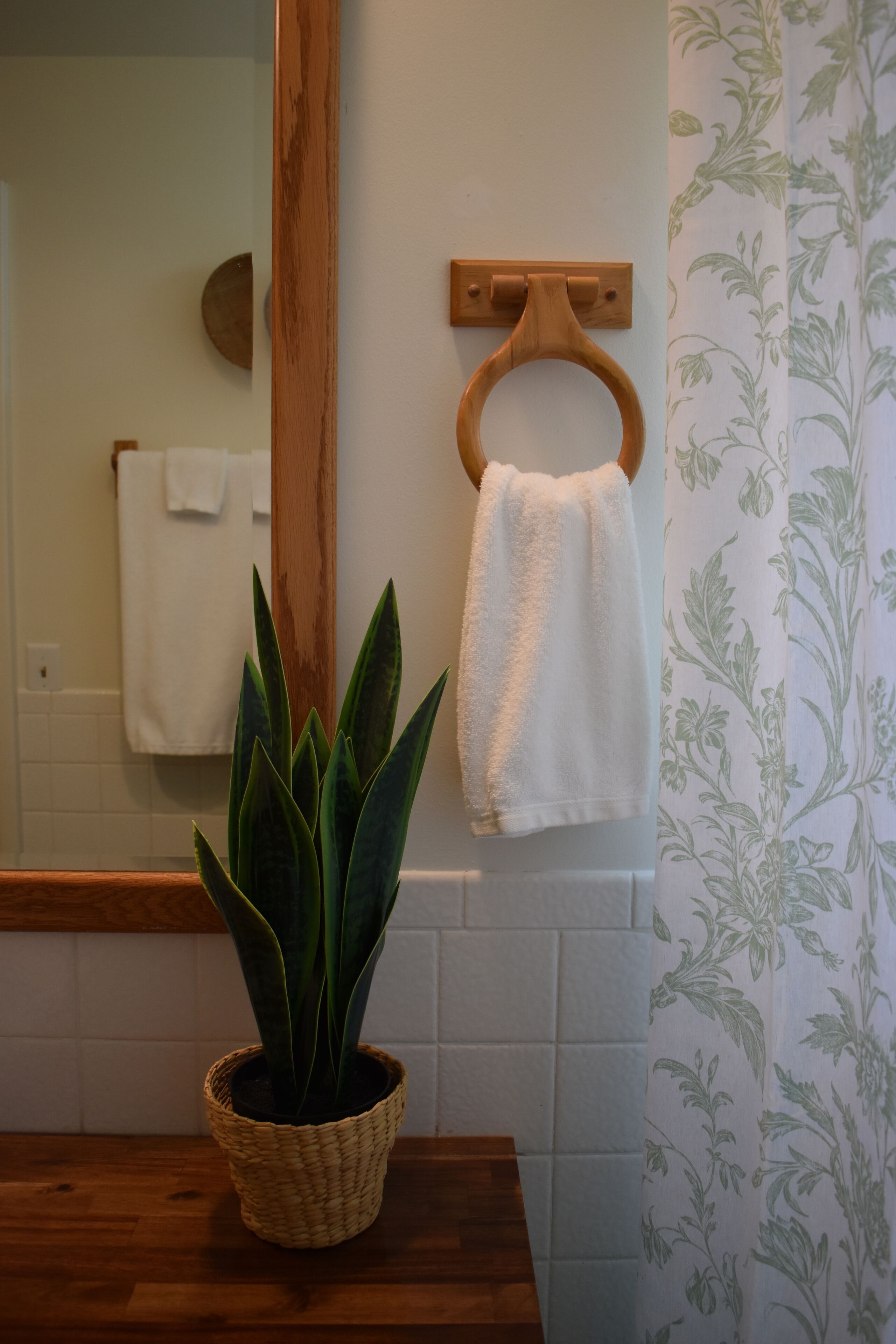Une salle de bain avec un porte-serviettes en bois, une plante en pot et un miroir qui reflète une serviette accrochée au mur.