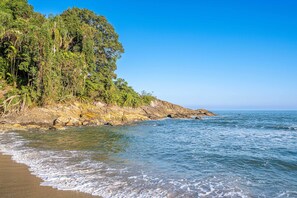 Una playa con agua azul cristalina, costa rocosa y abundante vegetación verde.