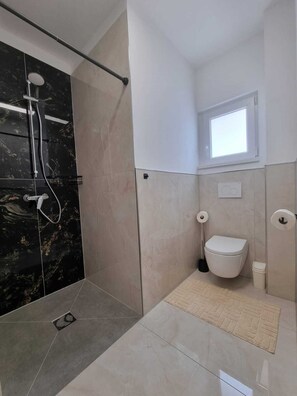 Douche, sèche-cheveux, serviettes fournies, savon