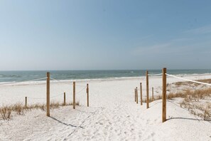 On the beach, sun-loungers, beach towels