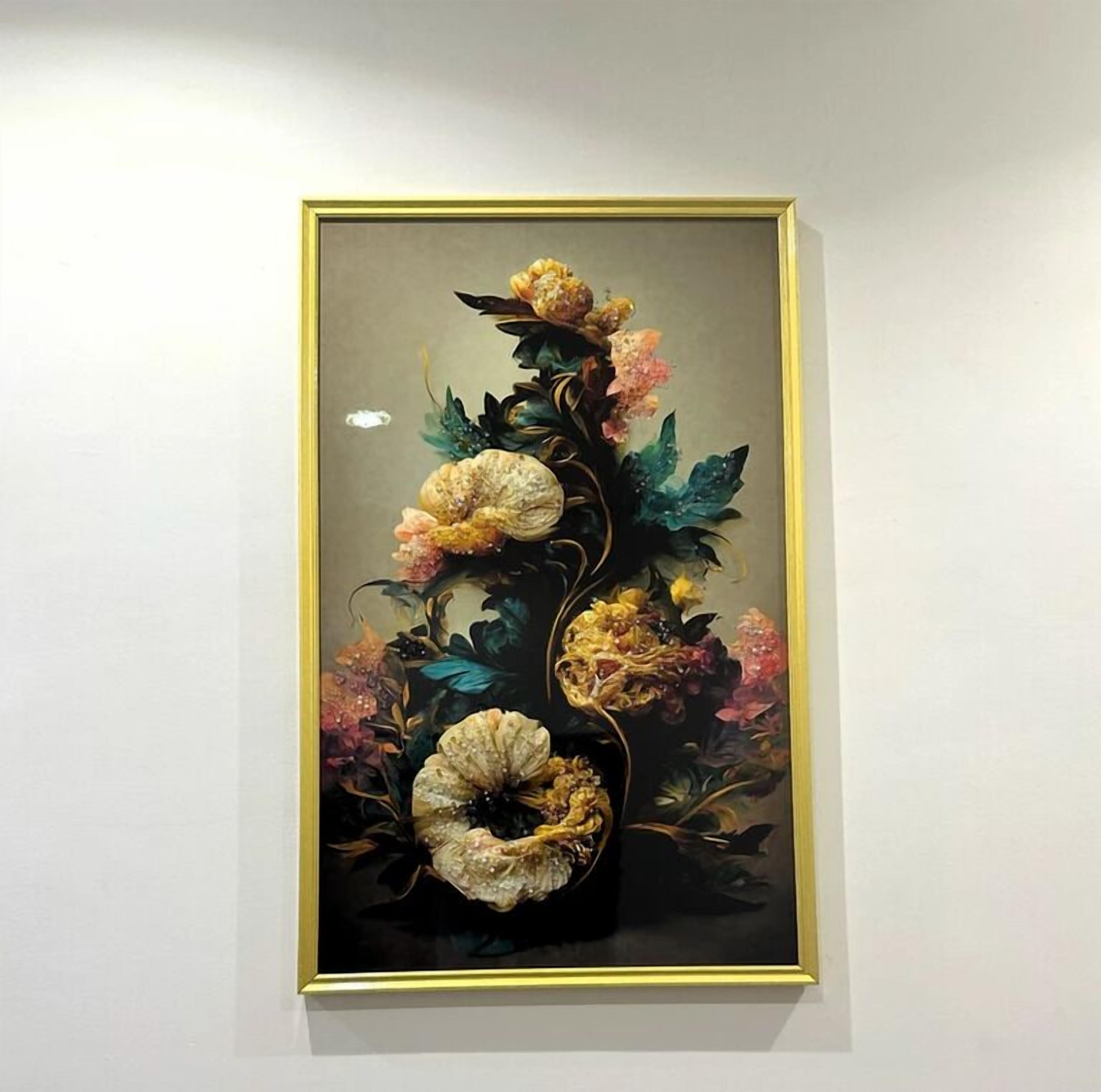 A framed floral artwork on a wall.
