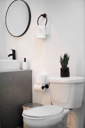 A modern bathroom with a toilet, sink, and mirror. - Casa Alta (Sayulita)