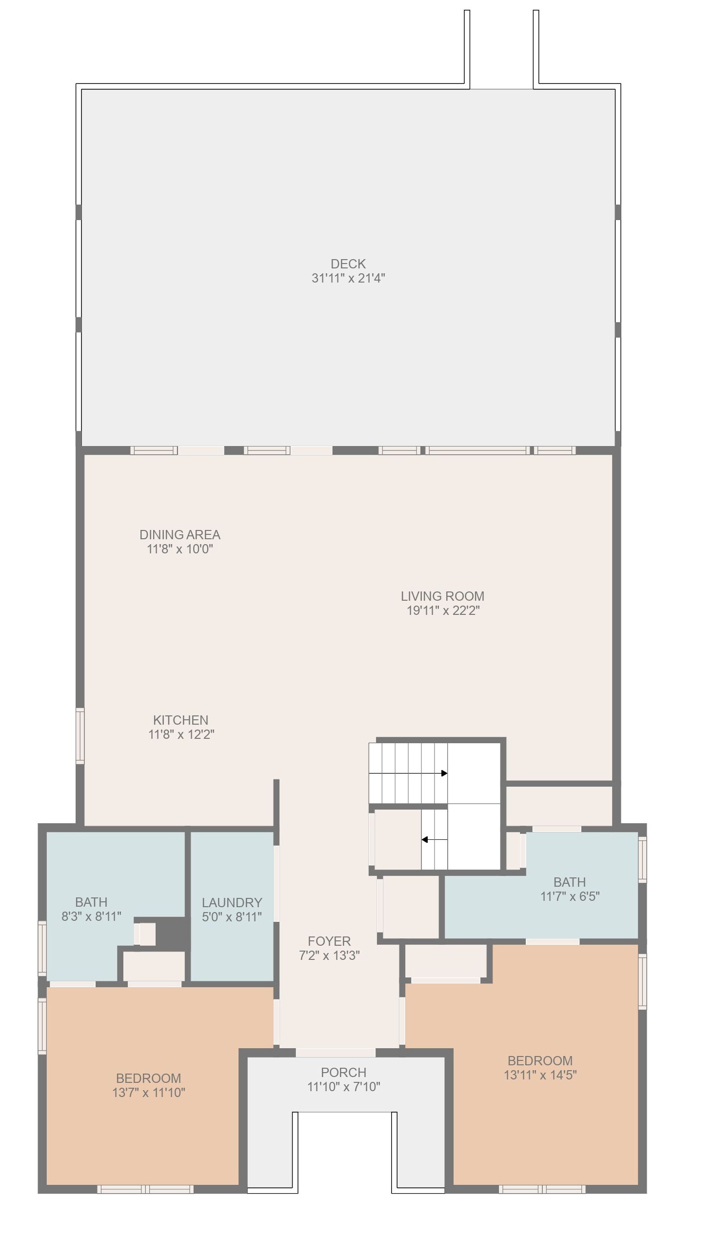 A floor plan of a house with a deck, dining area, living room, kitchen, two bedrooms, a bathroom, a laundry room, a foyer, and a porch.