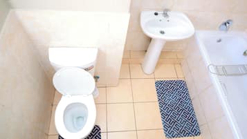 Chuveiro, toalhas de banho, papel higiênico