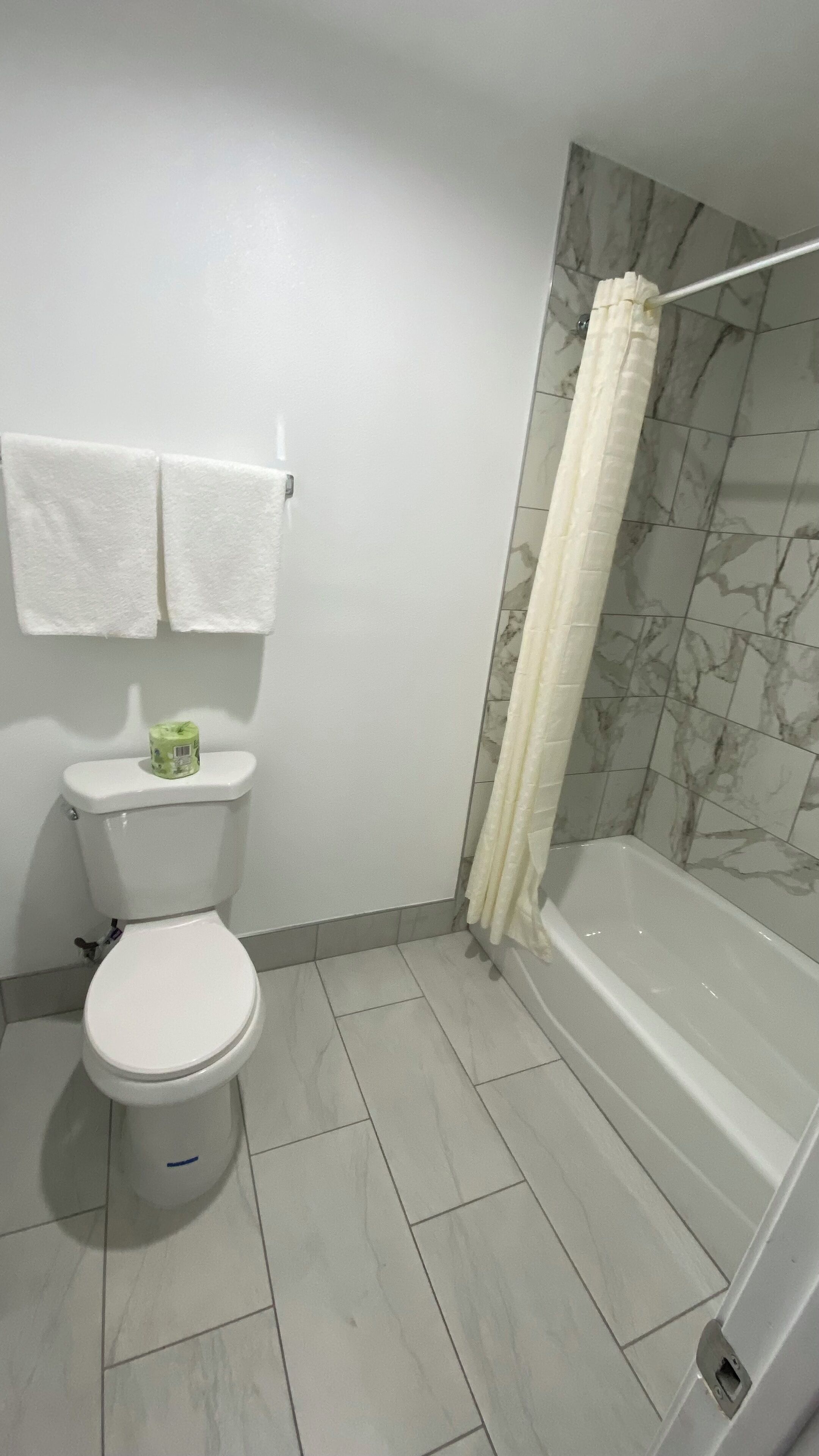 Een badkamer met een toilet, een bad en een douchegordijn.