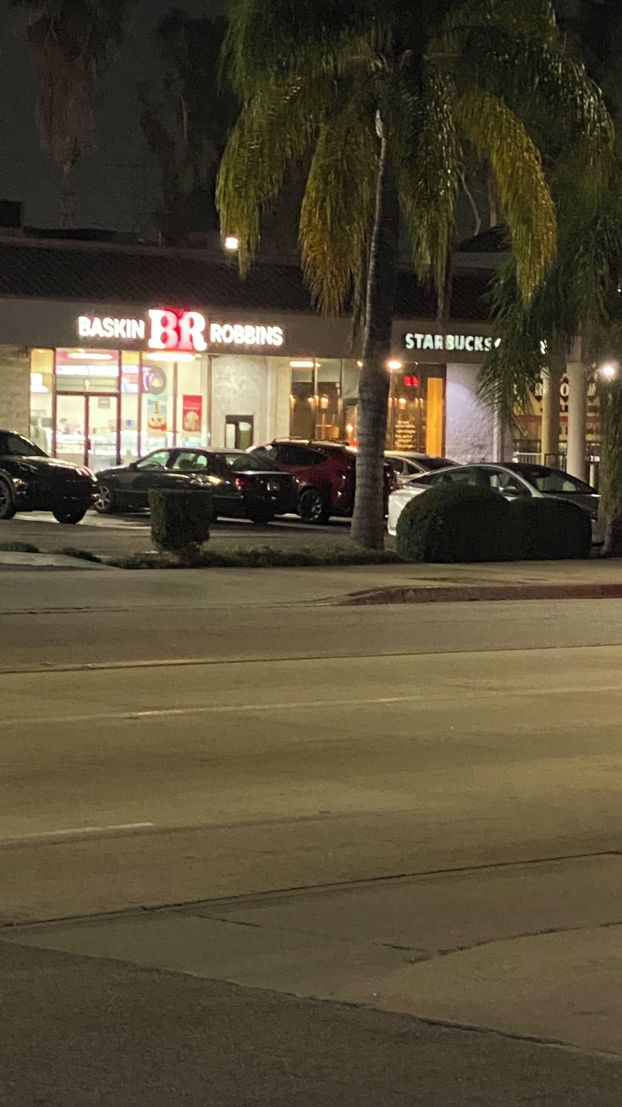 A storefront with 'Baskin Robbins' and 'Starbucks' signs, parked cars, and a palm tree.