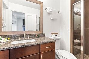 Shower, hair dryer, towels