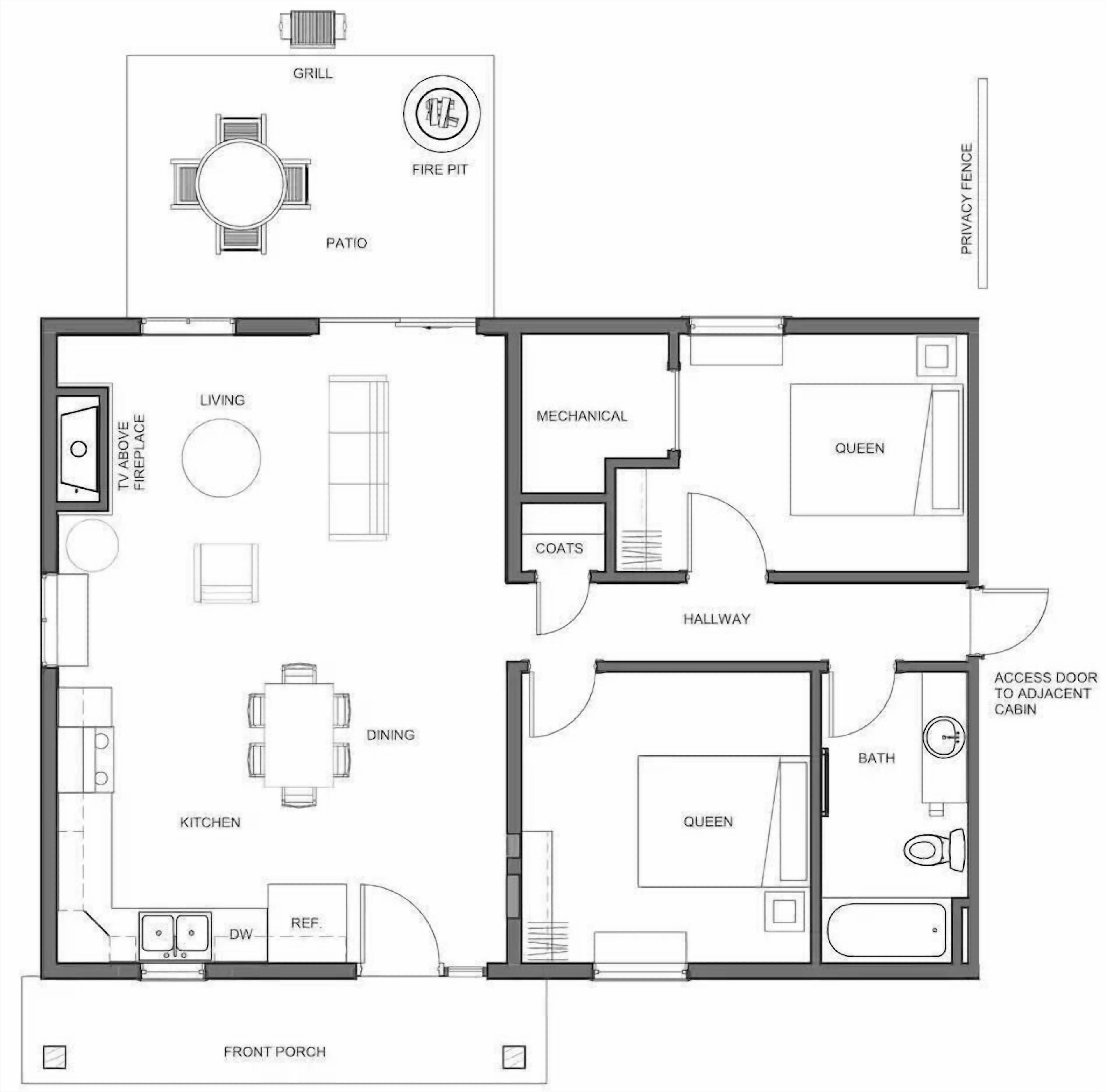 Un plan d’étage d’une maison comprenant un salon, une cuisine, un coin repas, deux chambres, une salle de bain, un porche à l’avant et un foyer extérieur.