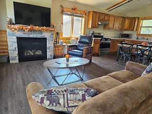 A living room with a fireplace, a television, and a dining area with a kitchen in the background.