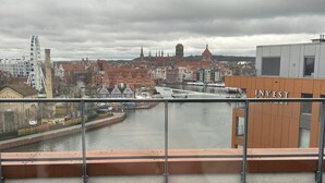 A view from a balcony overlooking a river with historic buildings and a Ferris wheel in the background. - Brabank 457 BestView by Grand Apartments (Gdansk)