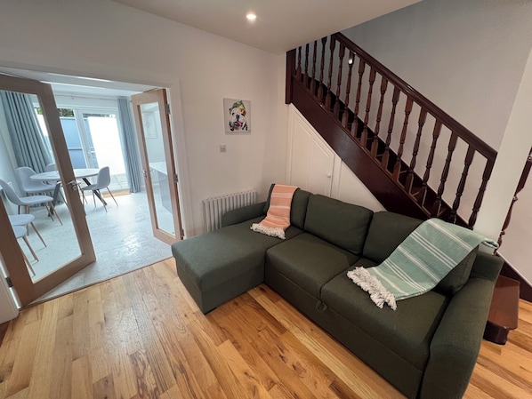 TV connectée, cheminée, livres